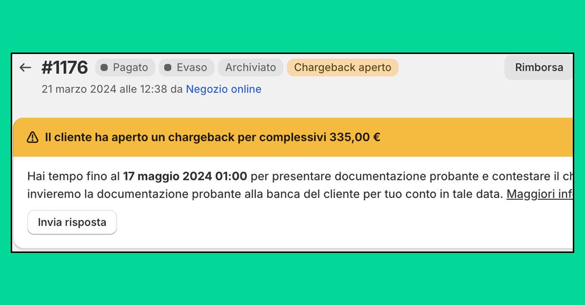 Screenshot di un chargeback aperto